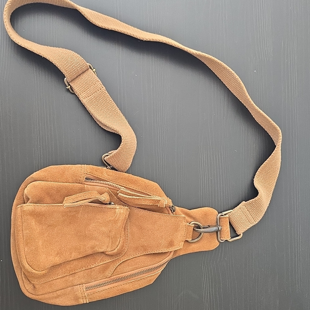 Authentic Free People Suede leather Crossbody Sling Bag in Tan BOHO Y2K